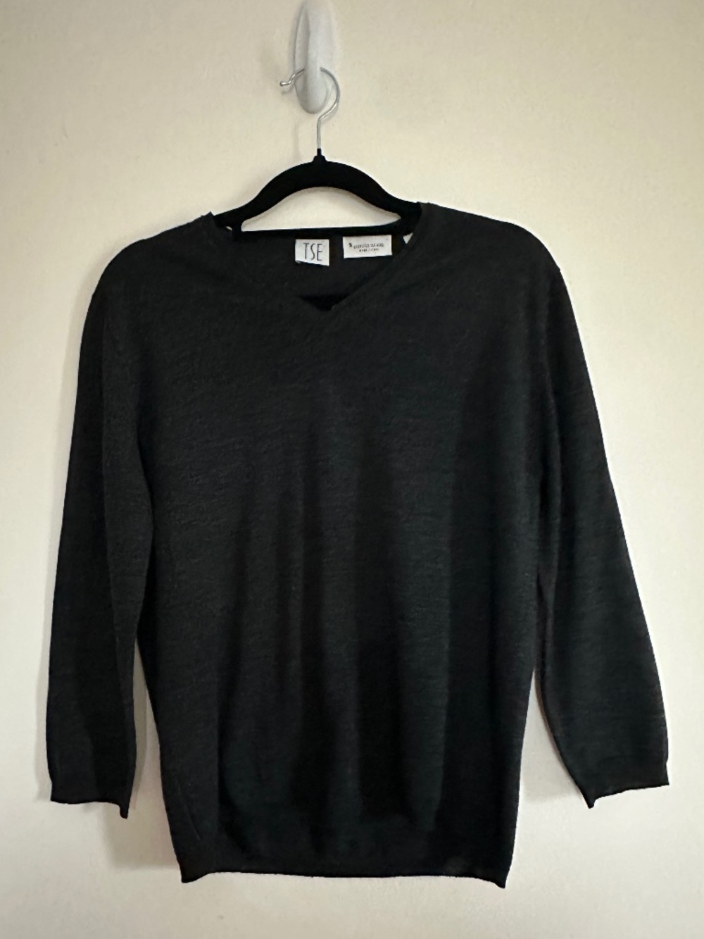 TSE 100% Super Fine Wool Charcoal V-Neck Sweater, Size Small